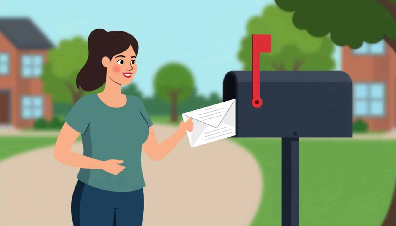 A person is mailing a sweepstakes entry form in a suburban neighborhood.