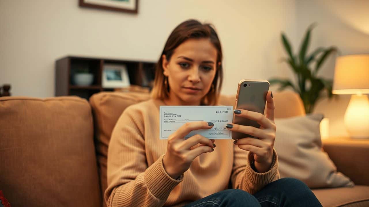 A woman in her 30s sits on a couch taking a photo of a check on her phone.