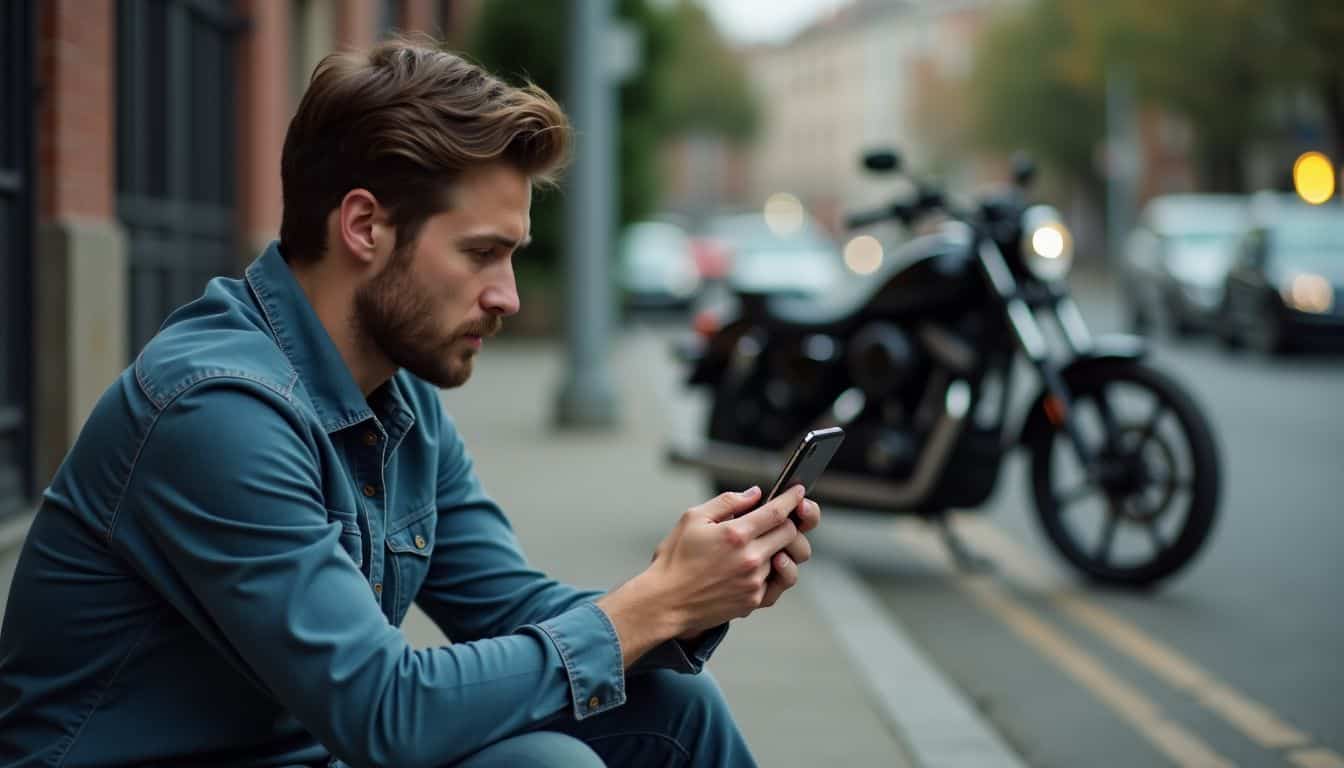 A man checks his phone next to a damaged motorcycle. A man checks his phone next to a damaged motorcycle.