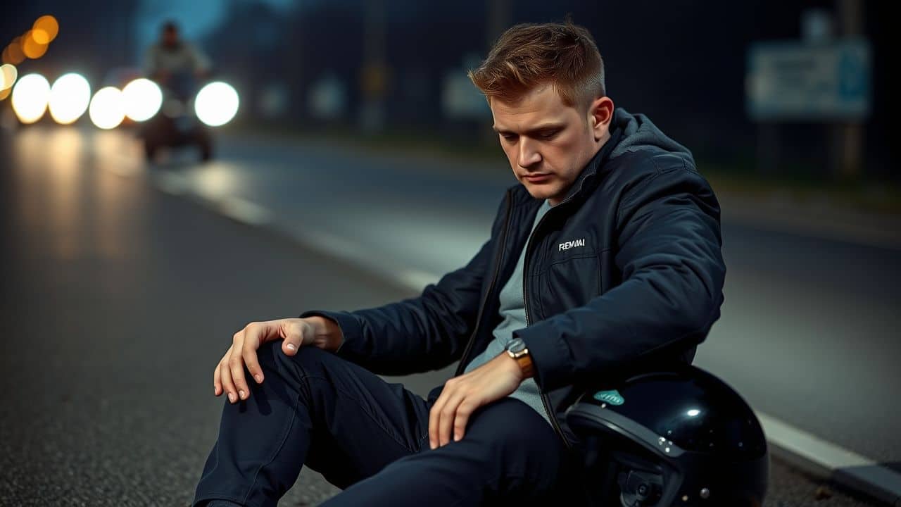 A man checks himself for injuries after a motorcycle accident. A man checks himself for injuries after a motorcycle accident.