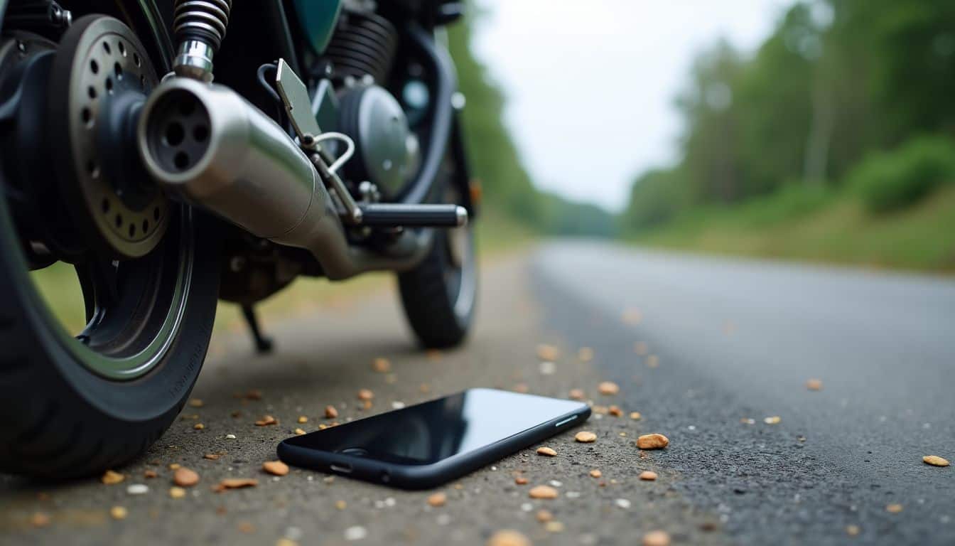 A damaged motorcycle lies next to a smartphone on the ground. A damaged motorcycle lies next to a smartphone on the ground.