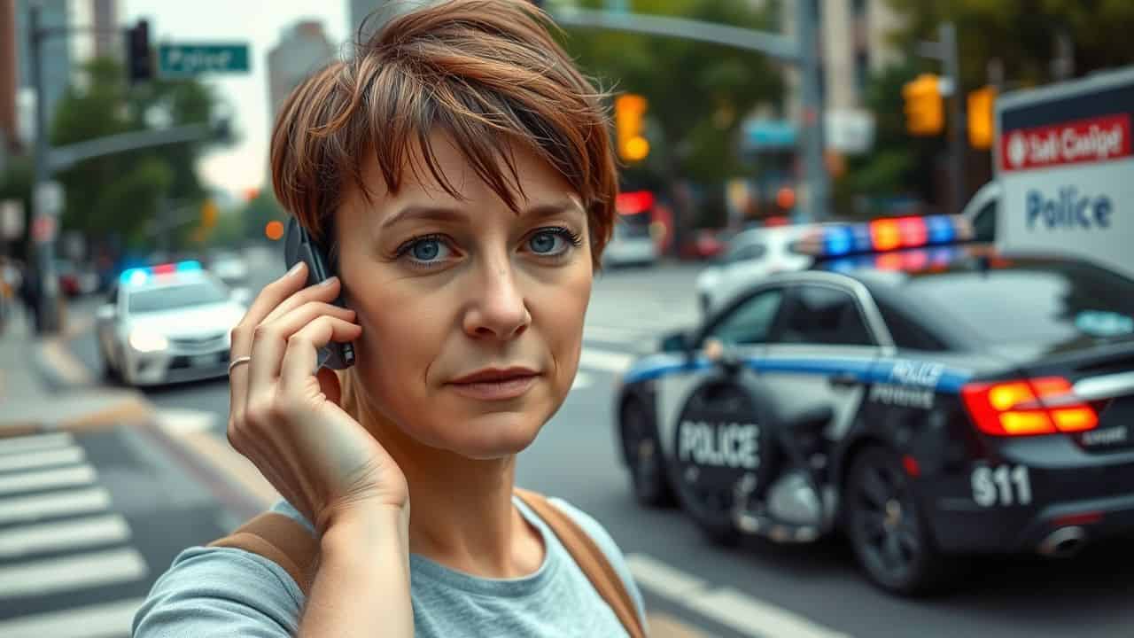 Person calling for help at a motorcycle crash site in a city. Person calling for help at a motorcycle crash site in a city.