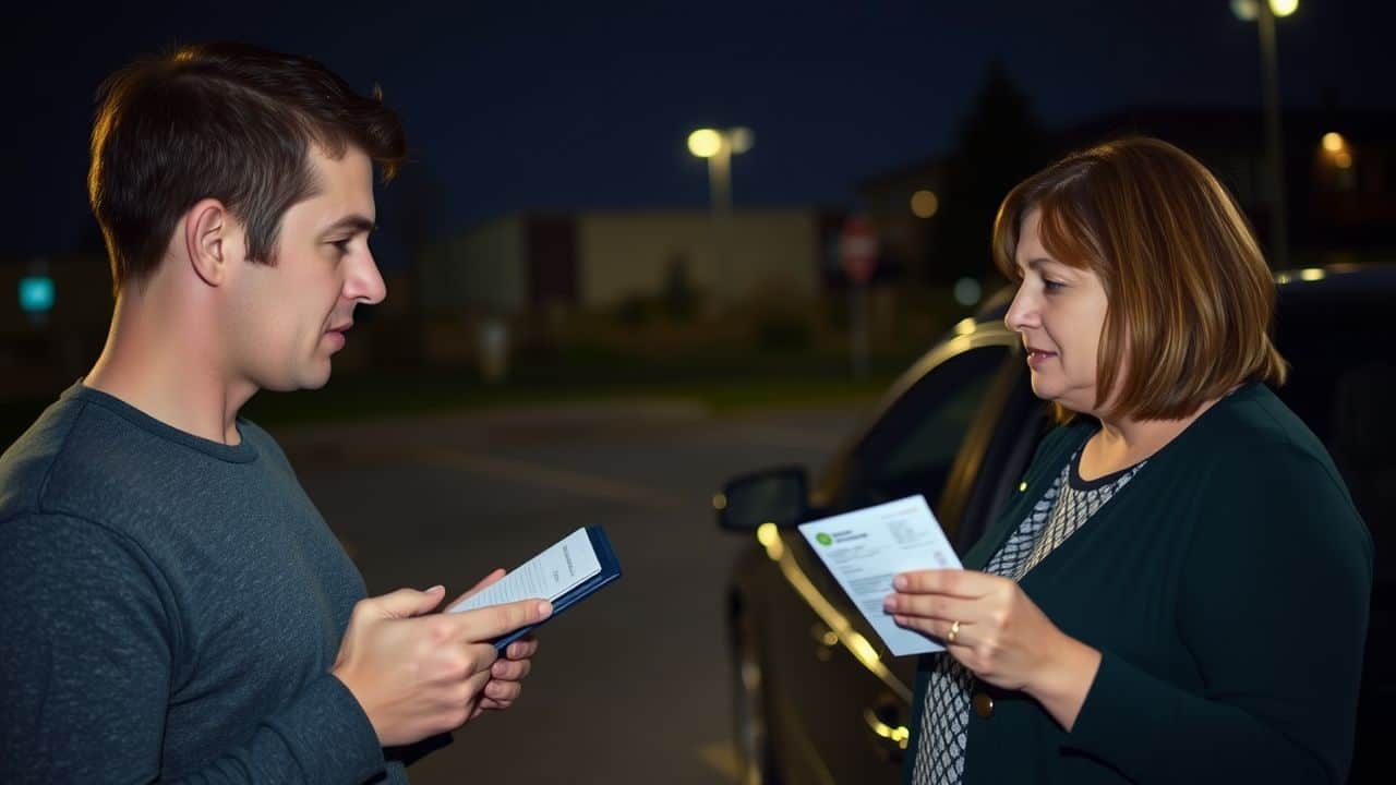 A man and a woman exchanging information after a minor car accident. A man and a woman exchanging information after a minor car accident.