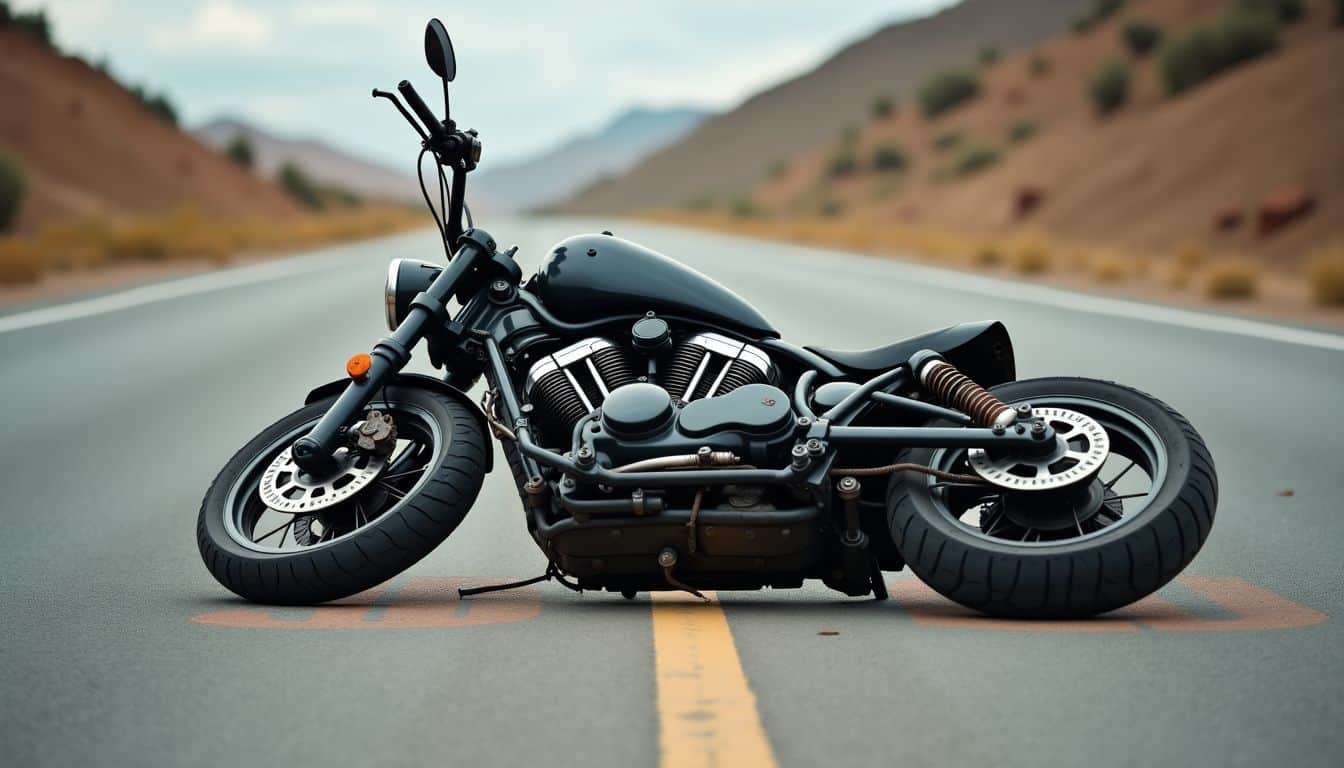 A broken motorcycle lies abandoned on a deserted road with debris. A broken motorcycle lies abandoned on a deserted road with debris.