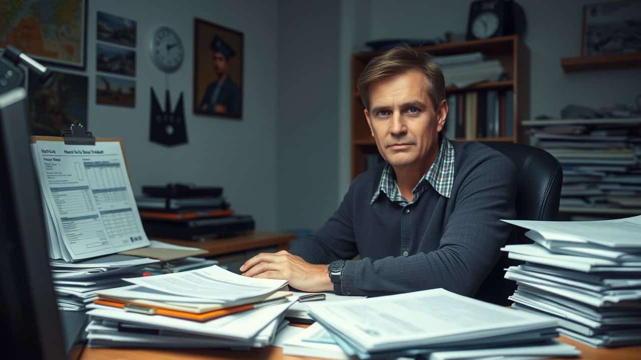 A man in his 40s stressed out while organizing medical paperwork. A man in his 40s stressed out while organizing medical paperwork.