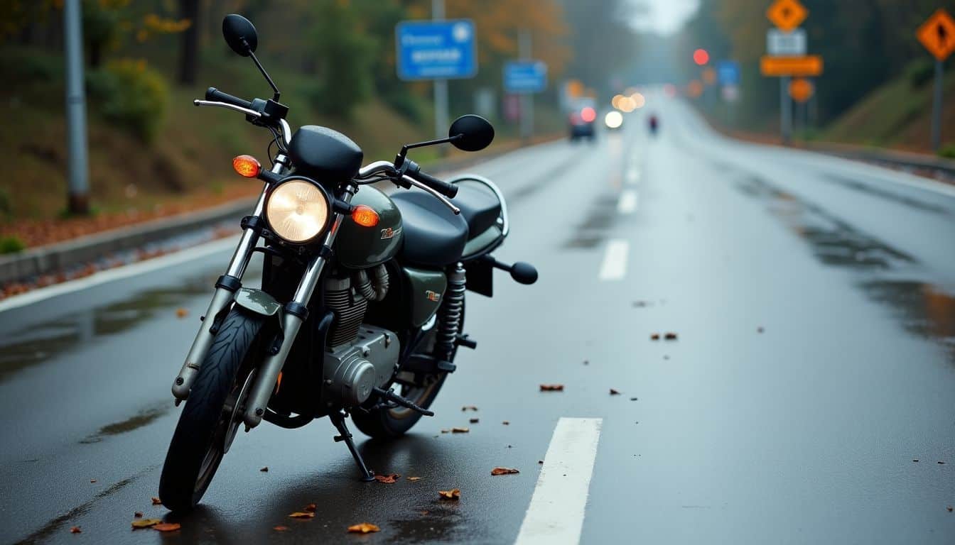 A damaged motorcycle lies on a wet road with skid marks. A damaged motorcycle lies on a wet road with skid marks.