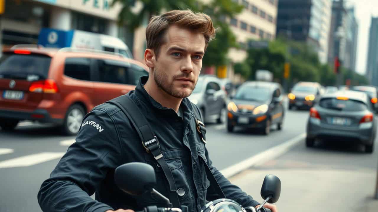A man in motorcycle gear moving towards the sidewalk after a crash. A man in motorcycle gear moving towards the sidewalk after a crash.