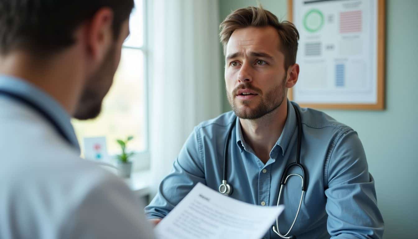 A man in his 30s discusses a mountain biking accident with a doctor. A man in his 30s discusses a mountain biking accident with a doctor.