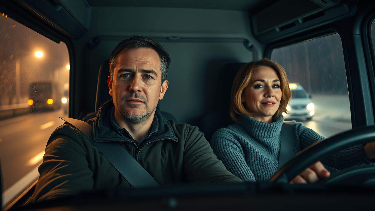 Two team truck drivers navigating a semi-truck through poor weather.