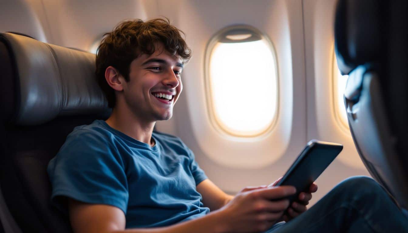 A young traveler enjoys playing Grand Theft Auto III on a tablet. A young traveler enjoys playing Grand Theft Auto III on a tablet.