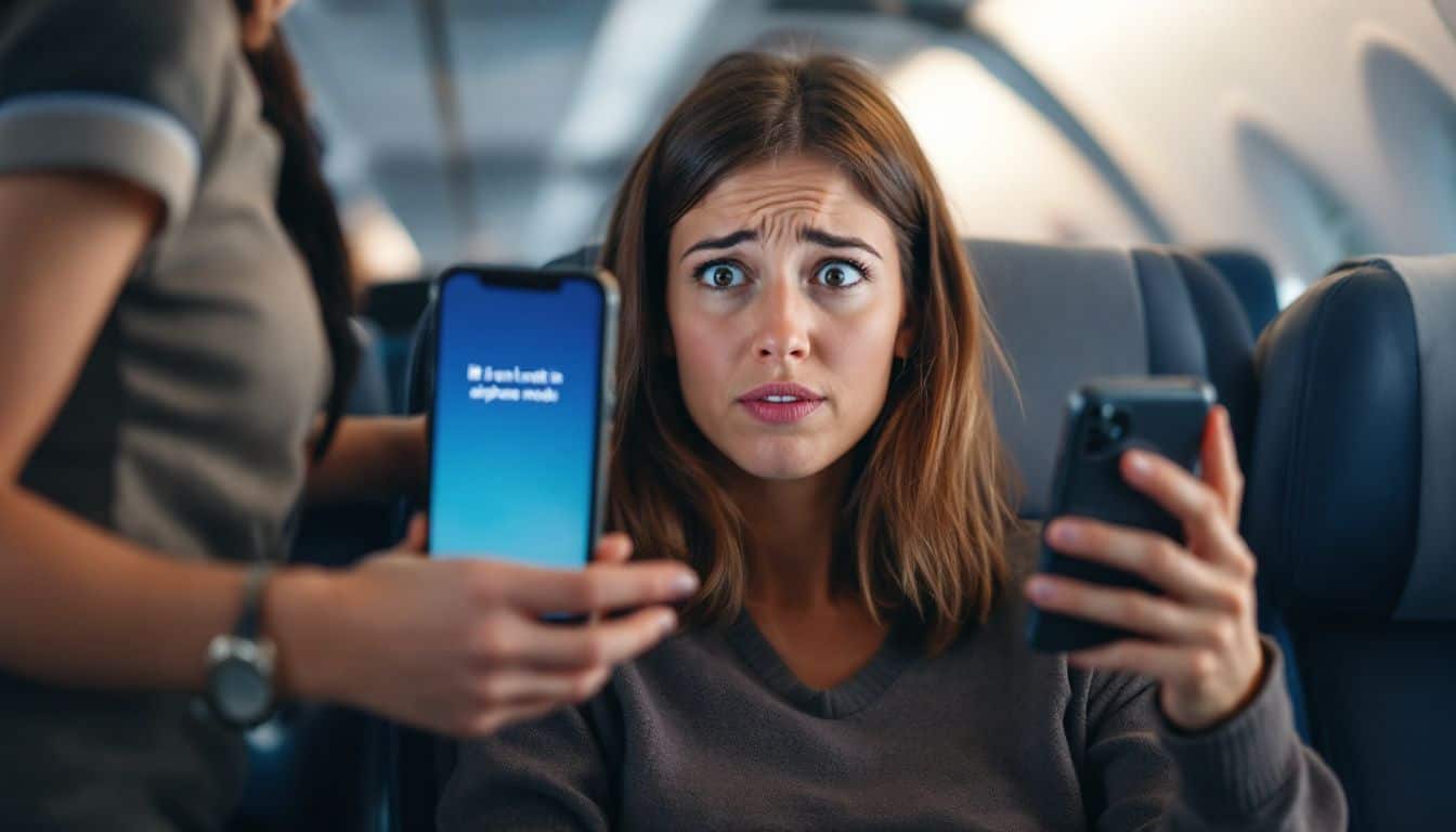 A frustrated woman in an airplane seat with a non-airplane mode phone. A frustrated woman in an airplane seat with a non-airplane mode phone.