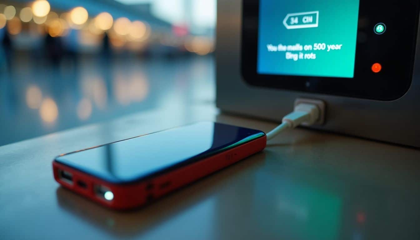A low-battery power bank at an airport gate. A low-battery power bank at an airport gate.