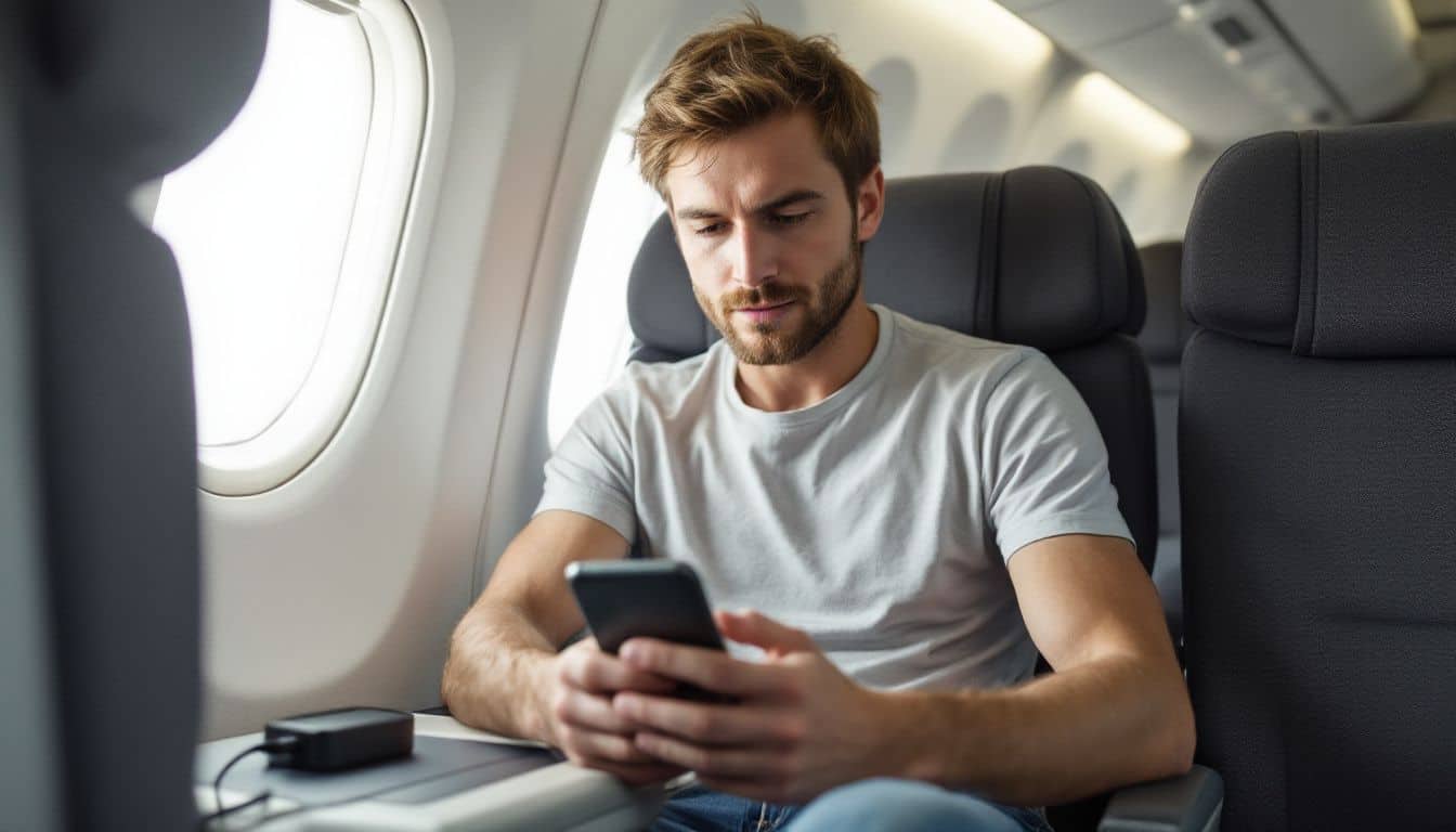 A man in his 30s sitting in an airplane seat, using his phone. A man in his 30s sitting in an airplane seat, using his phone.