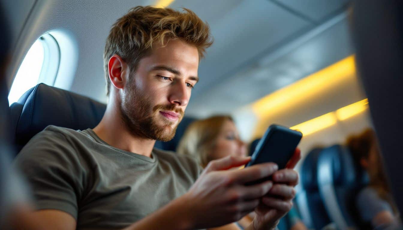 A man in his late 20s plays a game on his smartphone while on an airplane. A man in his late 20s plays a game on his smartphone while on an airplane.