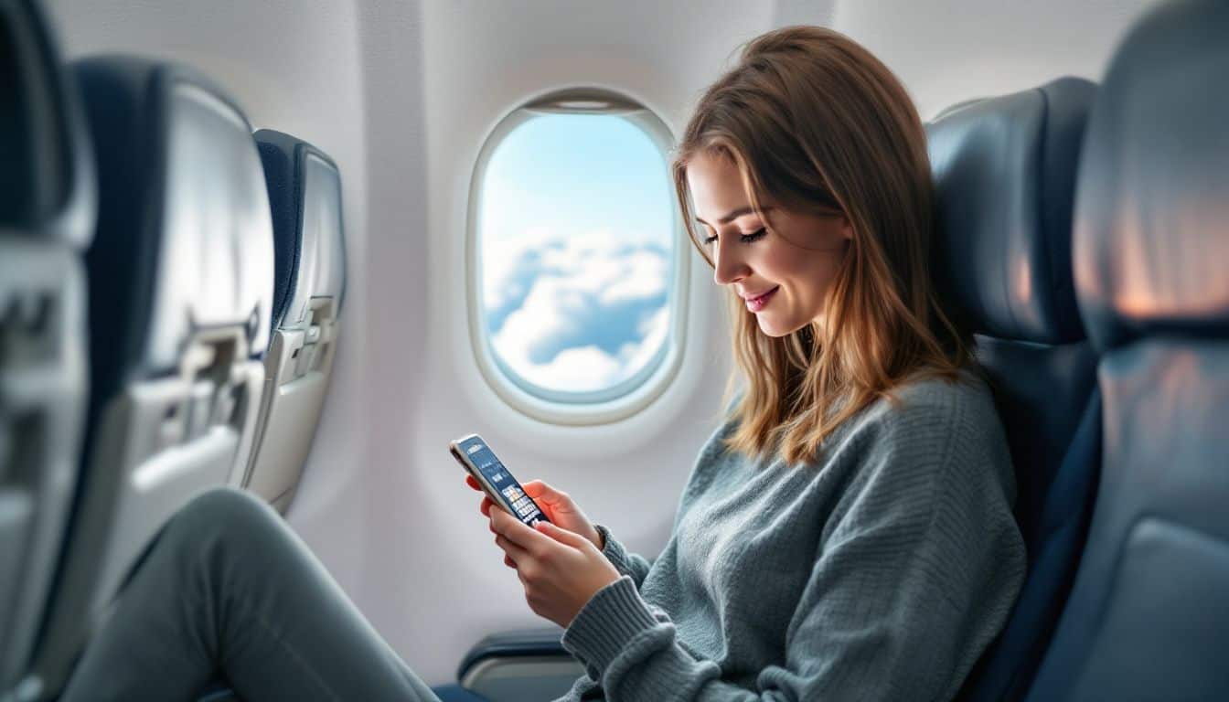 A woman in her late 20s plays a puzzle game on her smartphone during a flight.