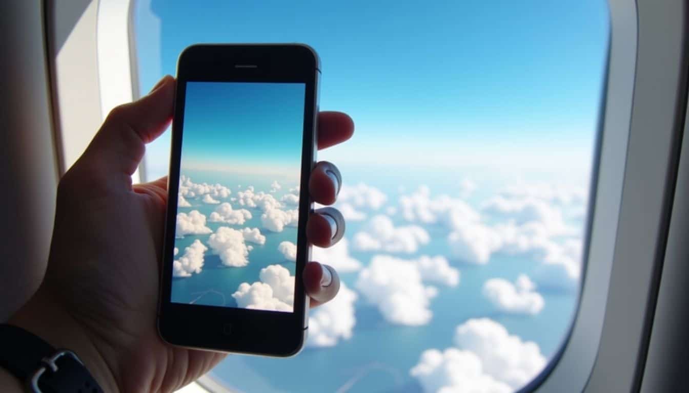 A smartphone in airplane mode with scenic view from airplane window. A smartphone in airplane mode with scenic view from airplane window.