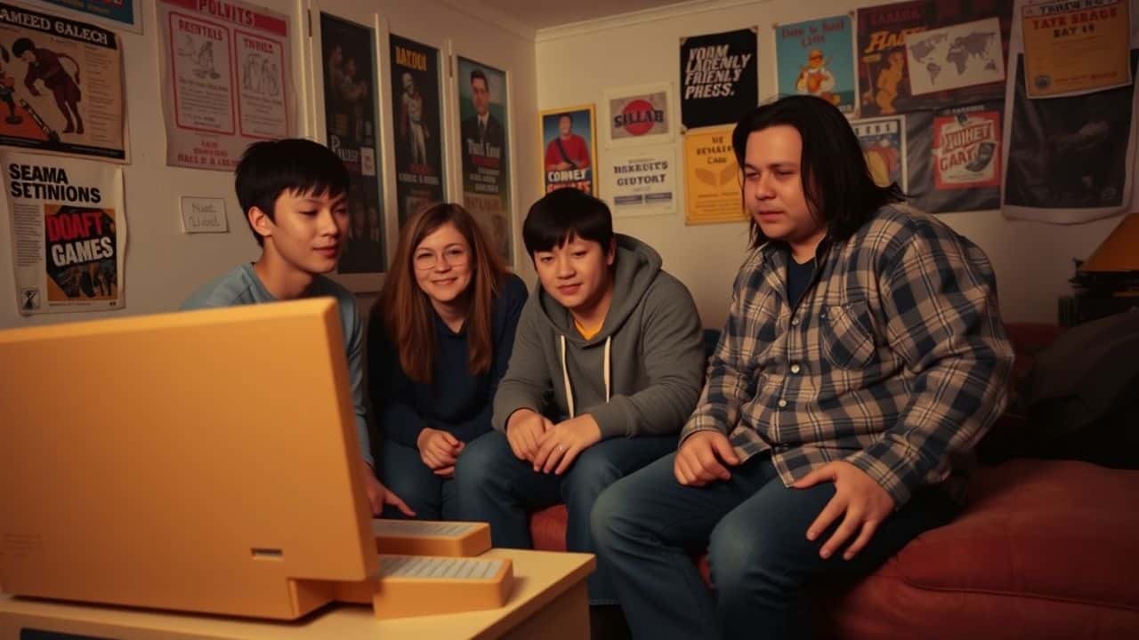 College students playing games on vintage computer in retro dorm room. College students playing games on vintage computer in retro dorm room.