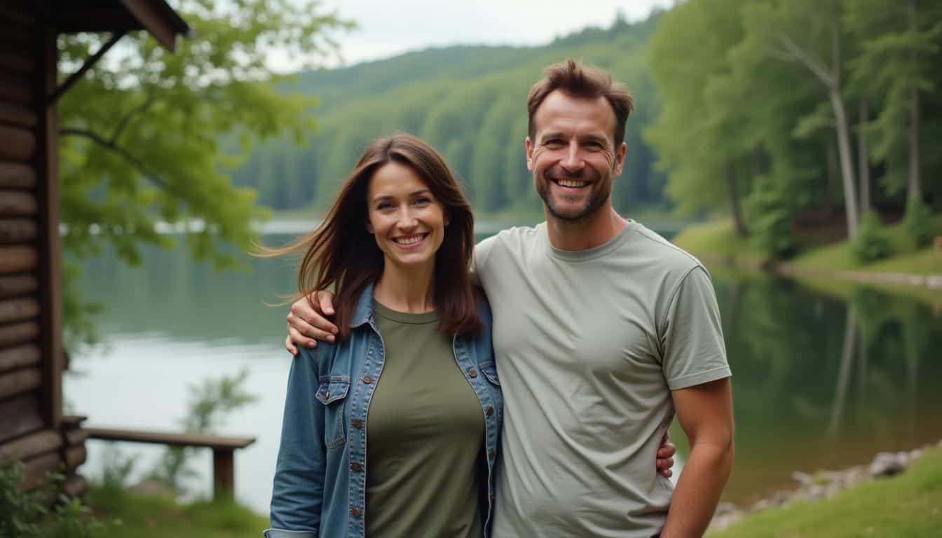 A couple in their 40s enjoying a peaceful cabin retreat in nature. A couple in their 40s enjoying a peaceful cabin retreat in nature.