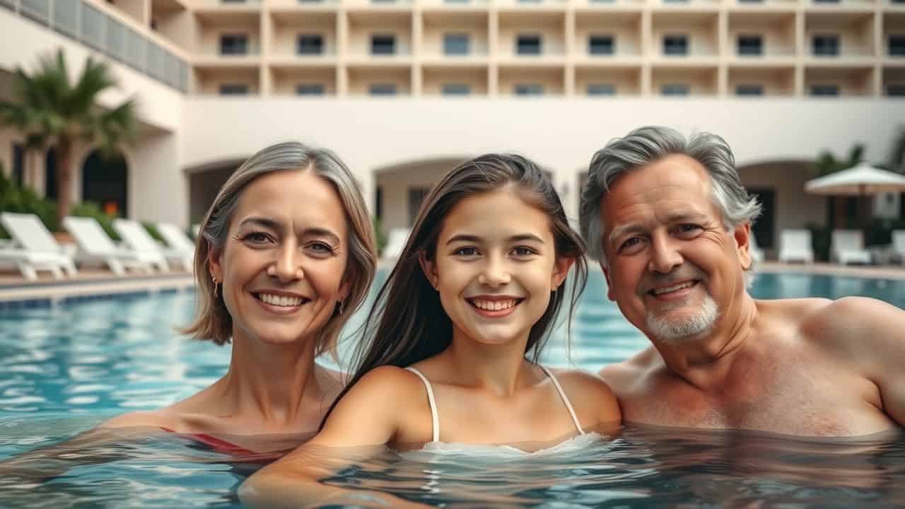 A family of three enjoys their annual vacation by the pool. A family of three enjoys their annual vacation by the pool.