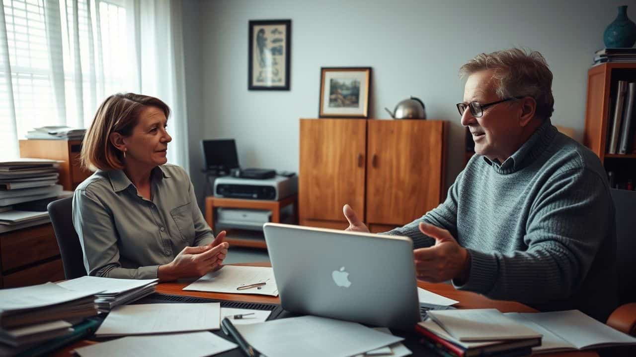 A couple in a cluttered home office discussing timeshare ownership options. A couple in a cluttered home office discussing timeshare ownership options.