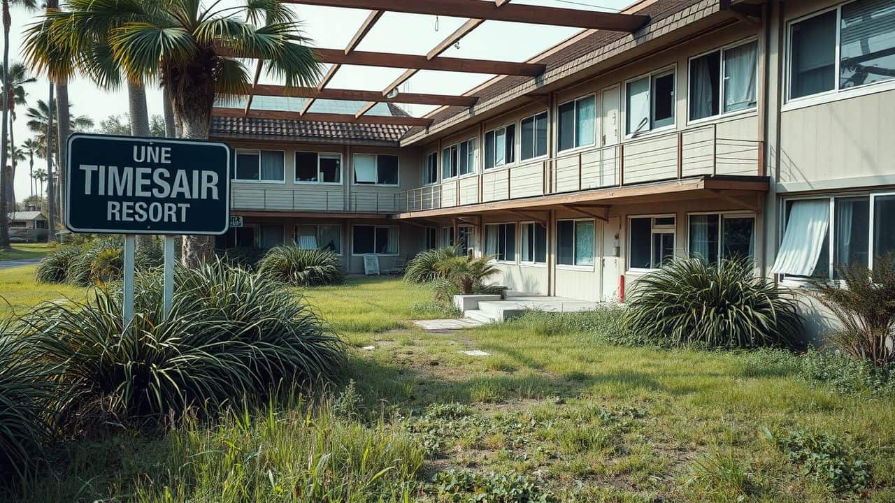 An abandoned timeshare resort depicts neglect and desolation. An abandoned timeshare resort depicts neglect and desolation.