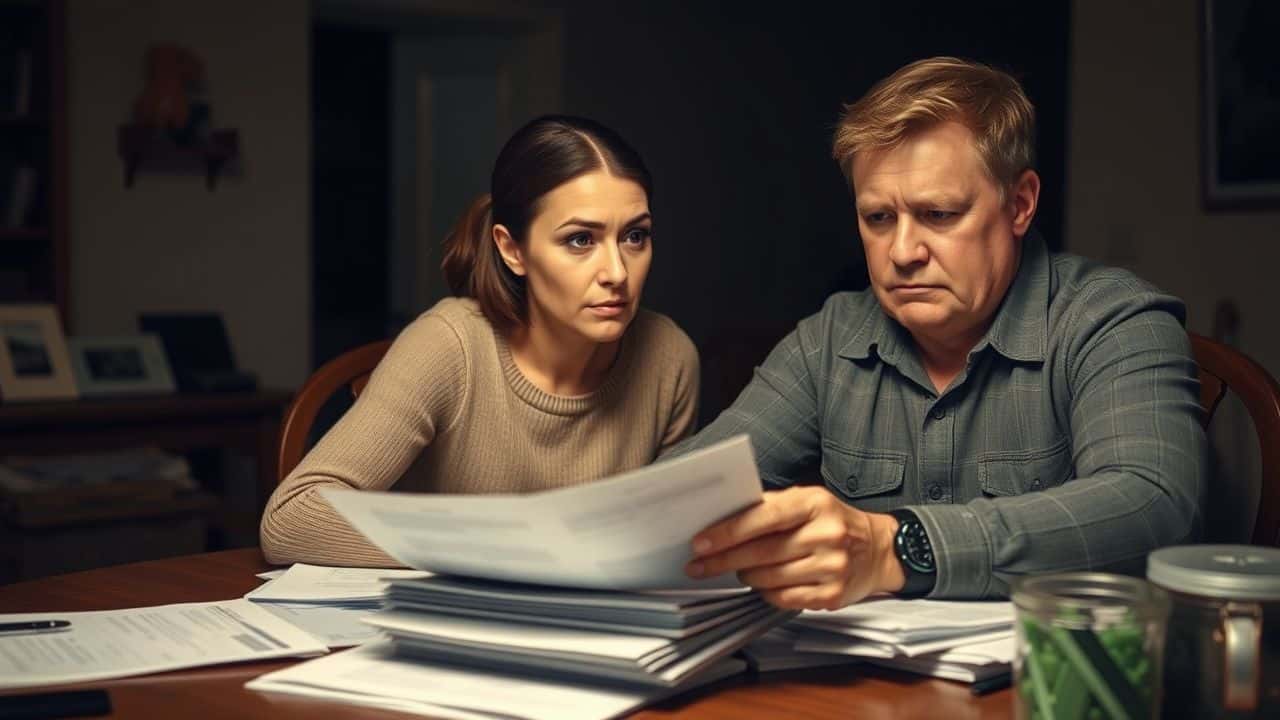 A middle-aged couple looks puzzled while reviewing lease contracts.