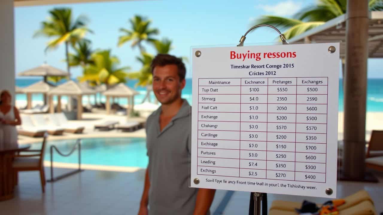 A price breakdown chart in a beachfront timeshare resort lobby. A price breakdown chart in a beachfront timeshare resort lobby.