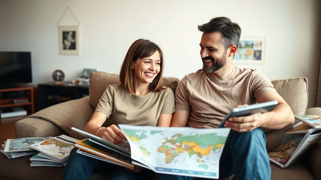 A mid-30s couple happily discussing travel plans in cozy living room. A mid-30s couple happily discussing travel plans in cozy living room.