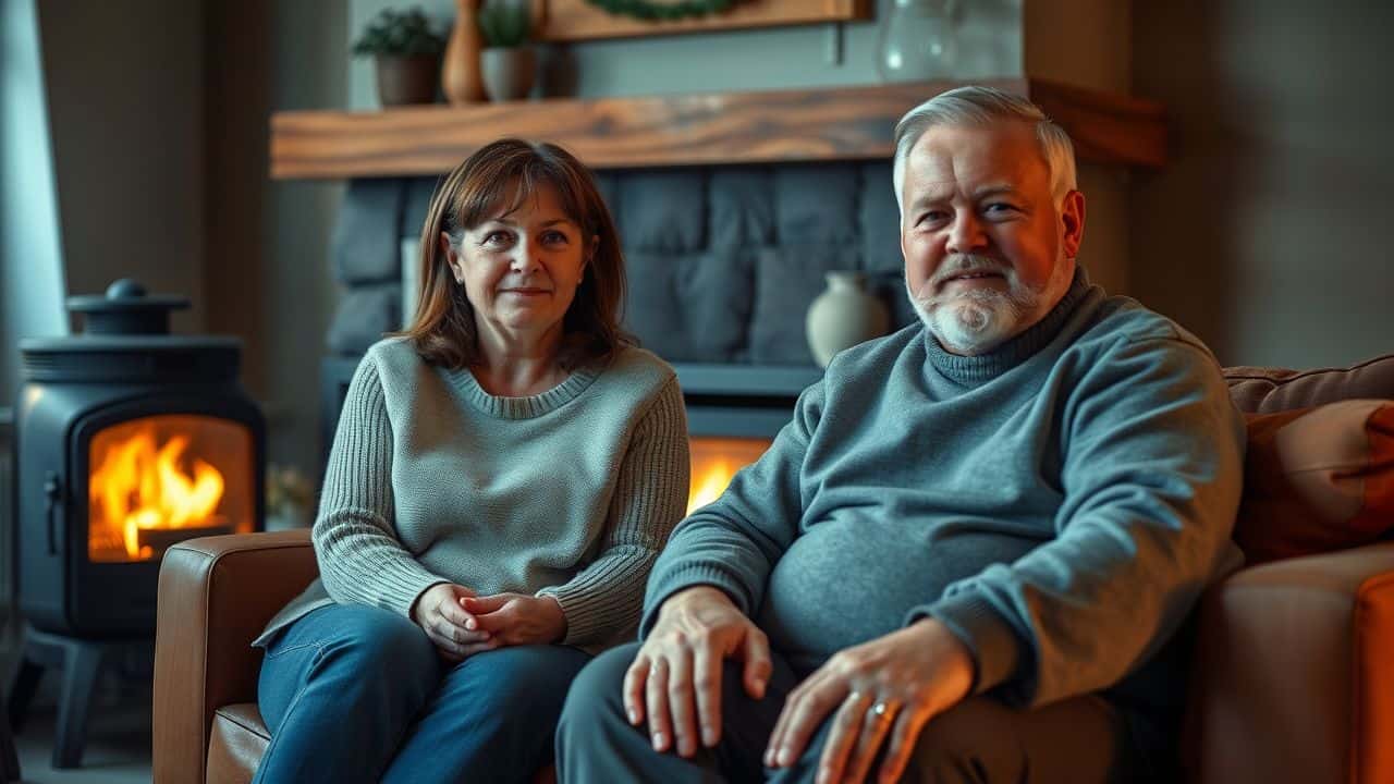 A couple enjoys the warmth of a propane fireplace in their cozy living room. A couple enjoys the warmth of a propane fireplace in their cozy living room.