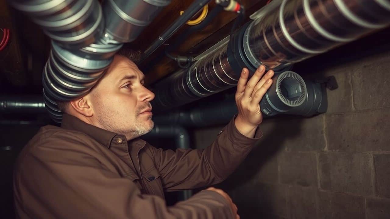 A male technician inspects and cleans air ducts in a basement. A male technician inspects and cleans air ducts in a basement.