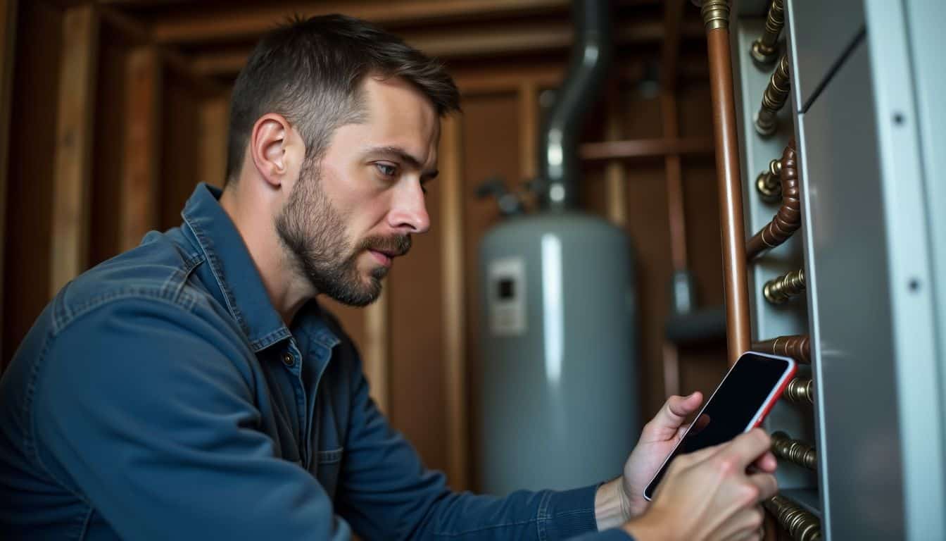 A technician is working on a propane heating system in a home. A technician is working on a propane heating system in a home.