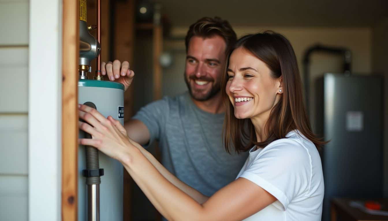 A middle-aged couple installing a propane water heater in their home. A middle-aged couple installing a propane water heater in their home.