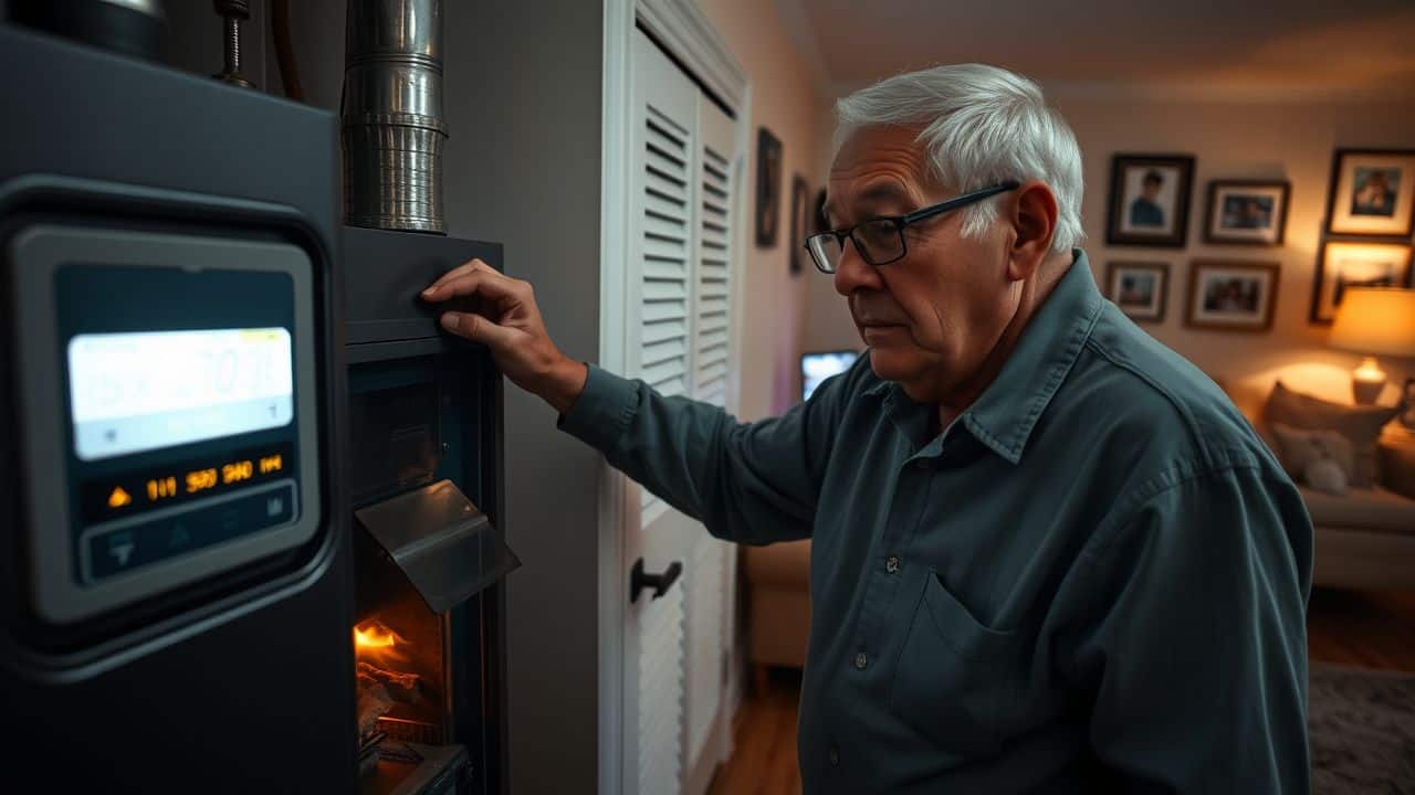 An older man adjusting his home furnace in a cozy living room. An older man adjusting his home furnace in a cozy living room.