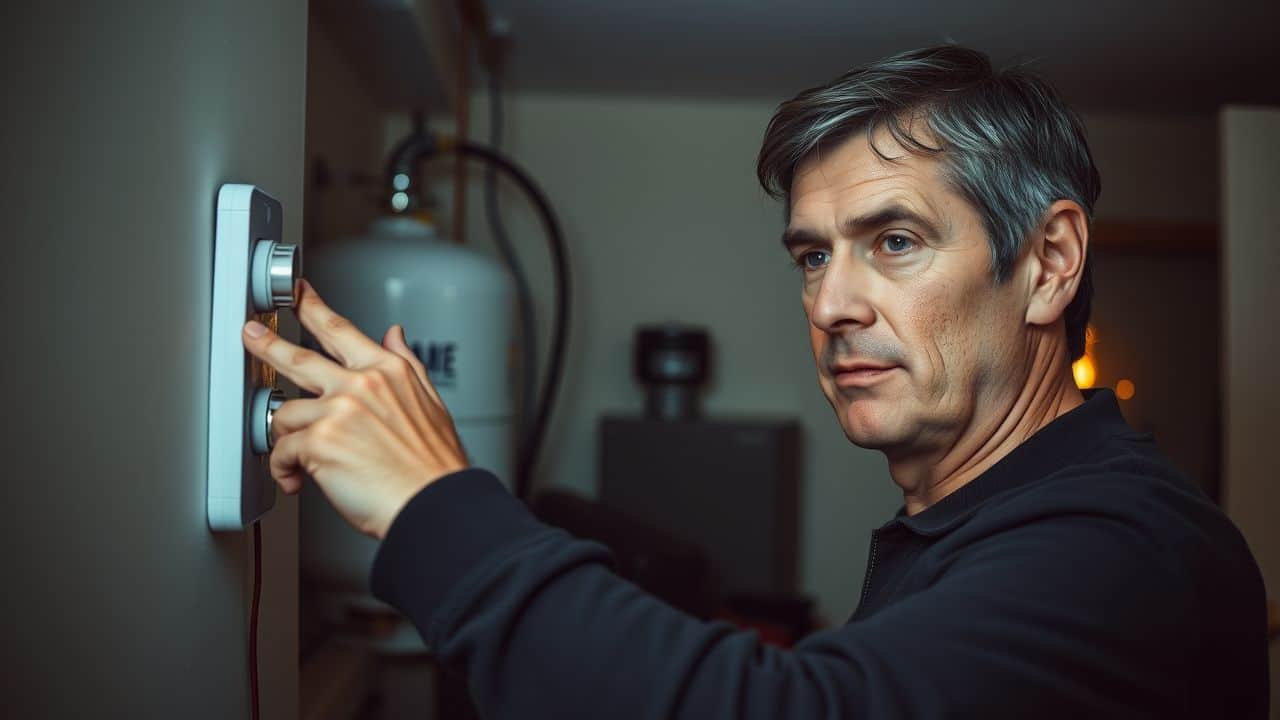 A man in his 40s adjusting a thermostat as a propane heating system ignites in the background. A man in his 40s adjusting a thermostat as a propane heating system ignites in the background.