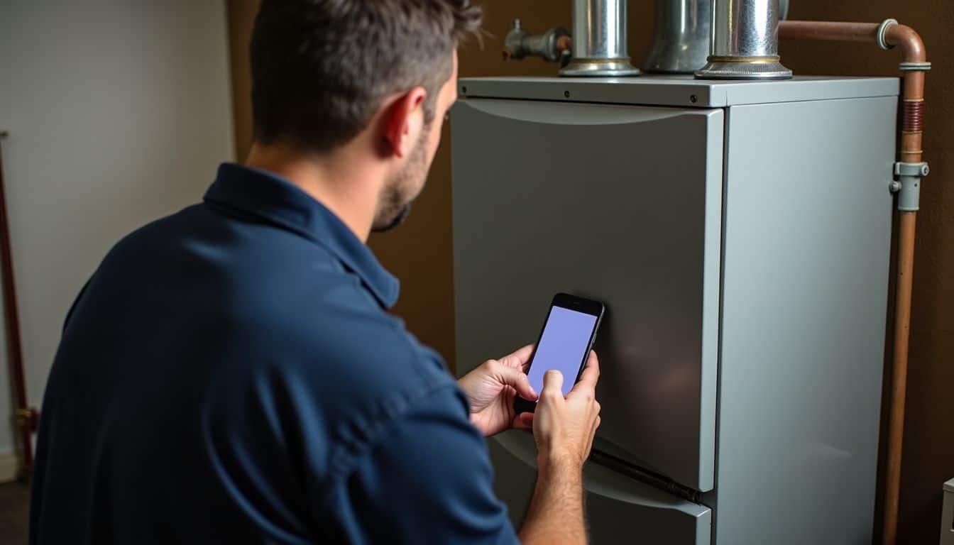A technician performing routine maintenance on a residential propane heating system. A technician performing routine maintenance on a residential propane heating system.
