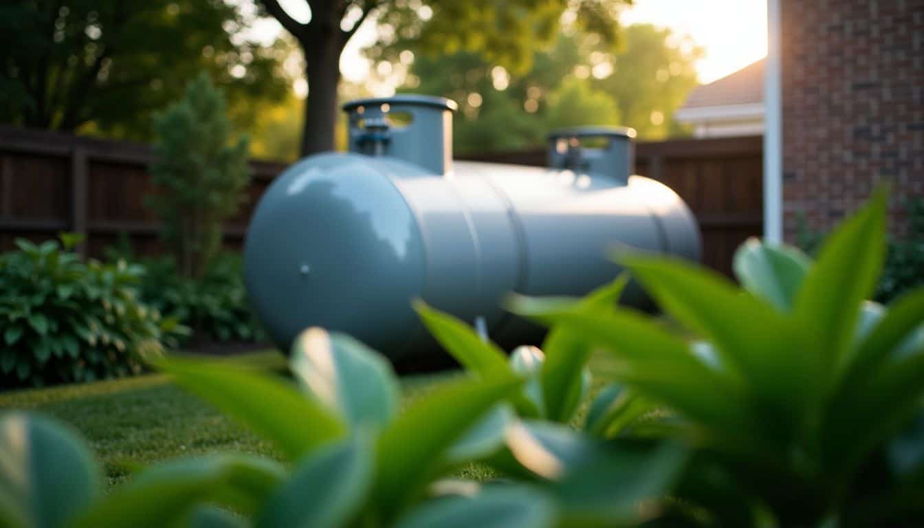 A propane storage tank in a backyard surrounded by green plants. A propane storage tank in a backyard surrounded by green plants.