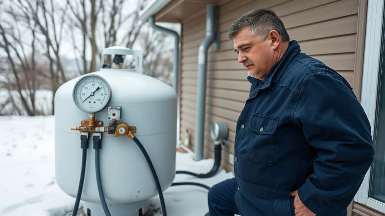 A middle-aged man in work overalls checks a propane tank. A middle-aged man in work overalls checks a propane tank.