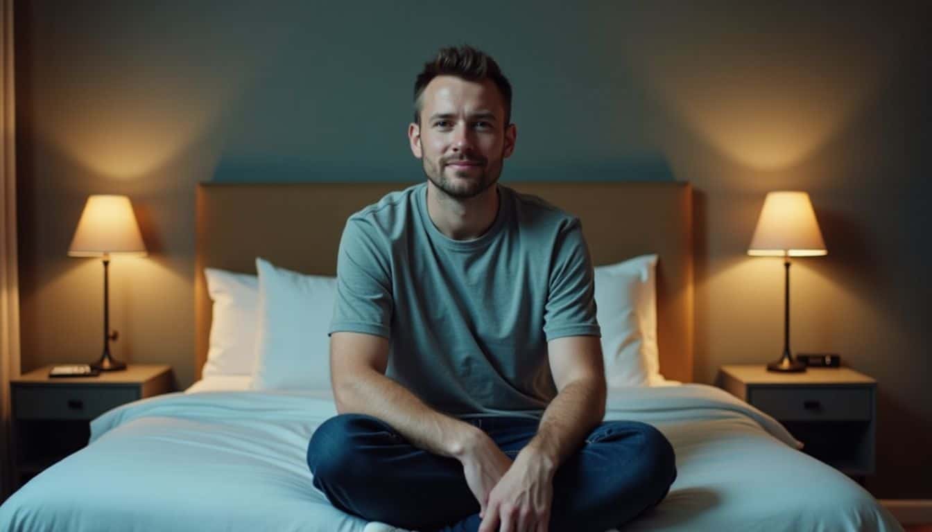 A man in his 30s sitting on a modern bed in an industrial-style room. A man in his 30s sitting on a modern bed in an industrial-style room.