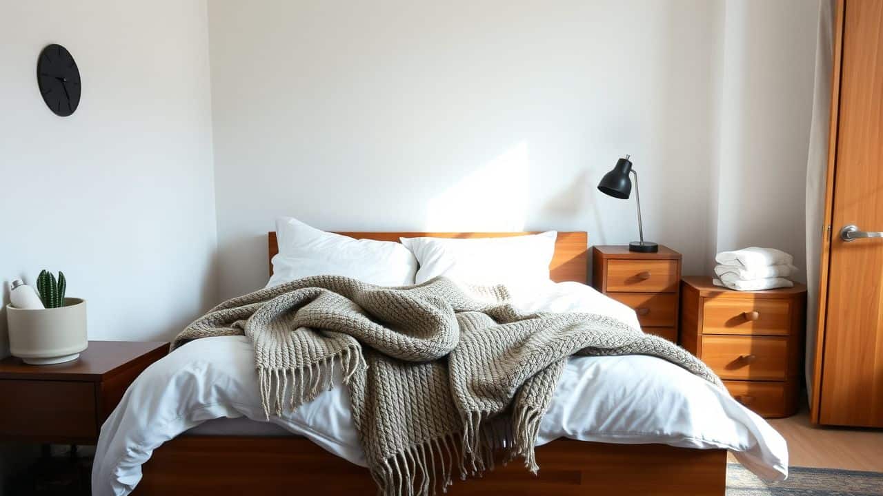 A cozy bedroom with woolen blankets, wooden furniture, and metal accents. A cozy bedroom with woolen blankets, wooden furniture, and metal accents.