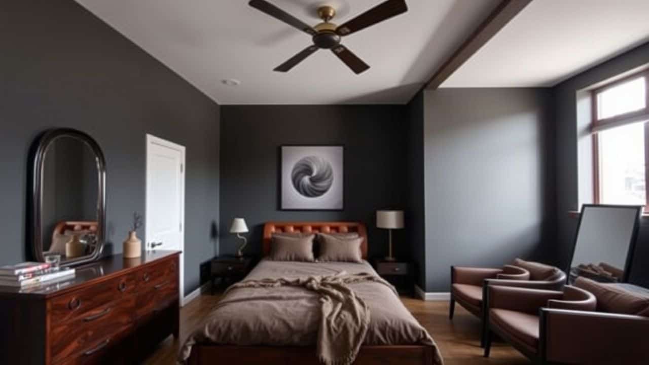 Modern, stylish bedroom with masculine color scheme and rich brown furniture. Modern, stylish bedroom with masculine color scheme and rich brown furniture.