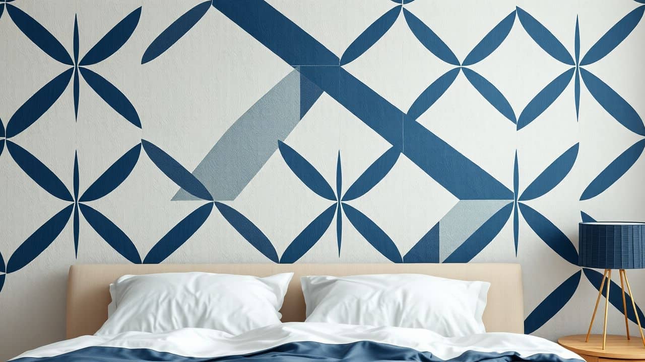 Close-up photo of navy geometric stencil pattern on bedroom wall. Close-up photo of navy geometric stencil pattern on bedroom wall.