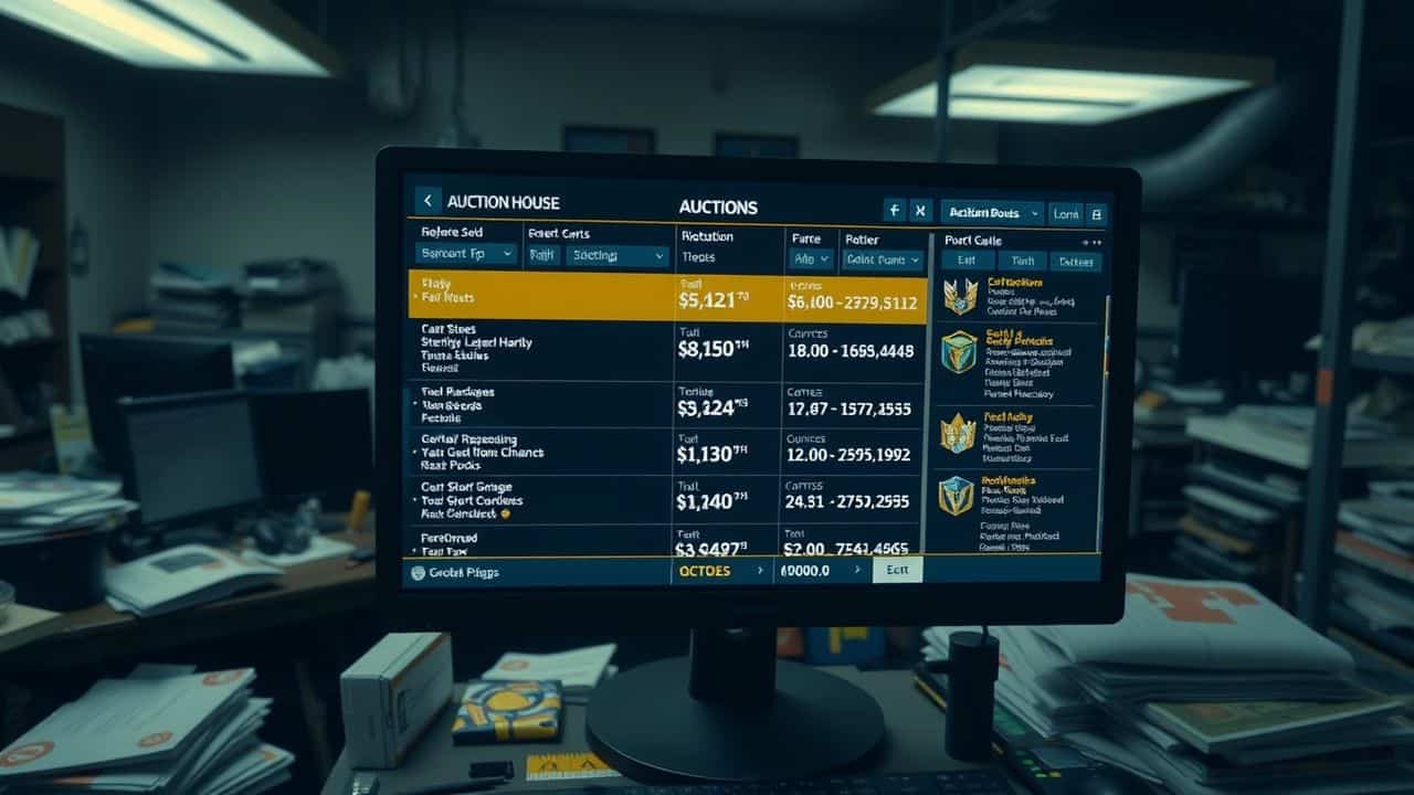 Computer screen displaying in-game auction house interface with virtual items for sale.