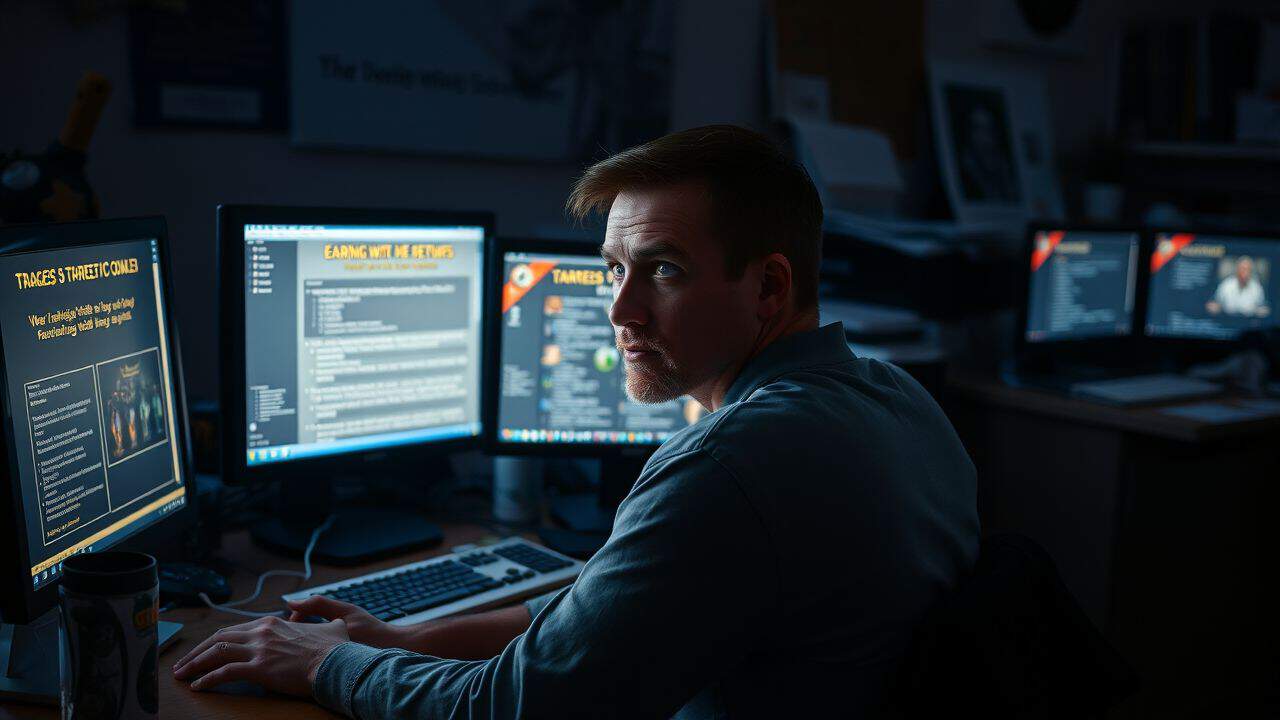 A man is focused on gameplay strategies and earning gold in World of Warcraft. A man is focused on gameplay strategies and earning gold in World of Warcraft.