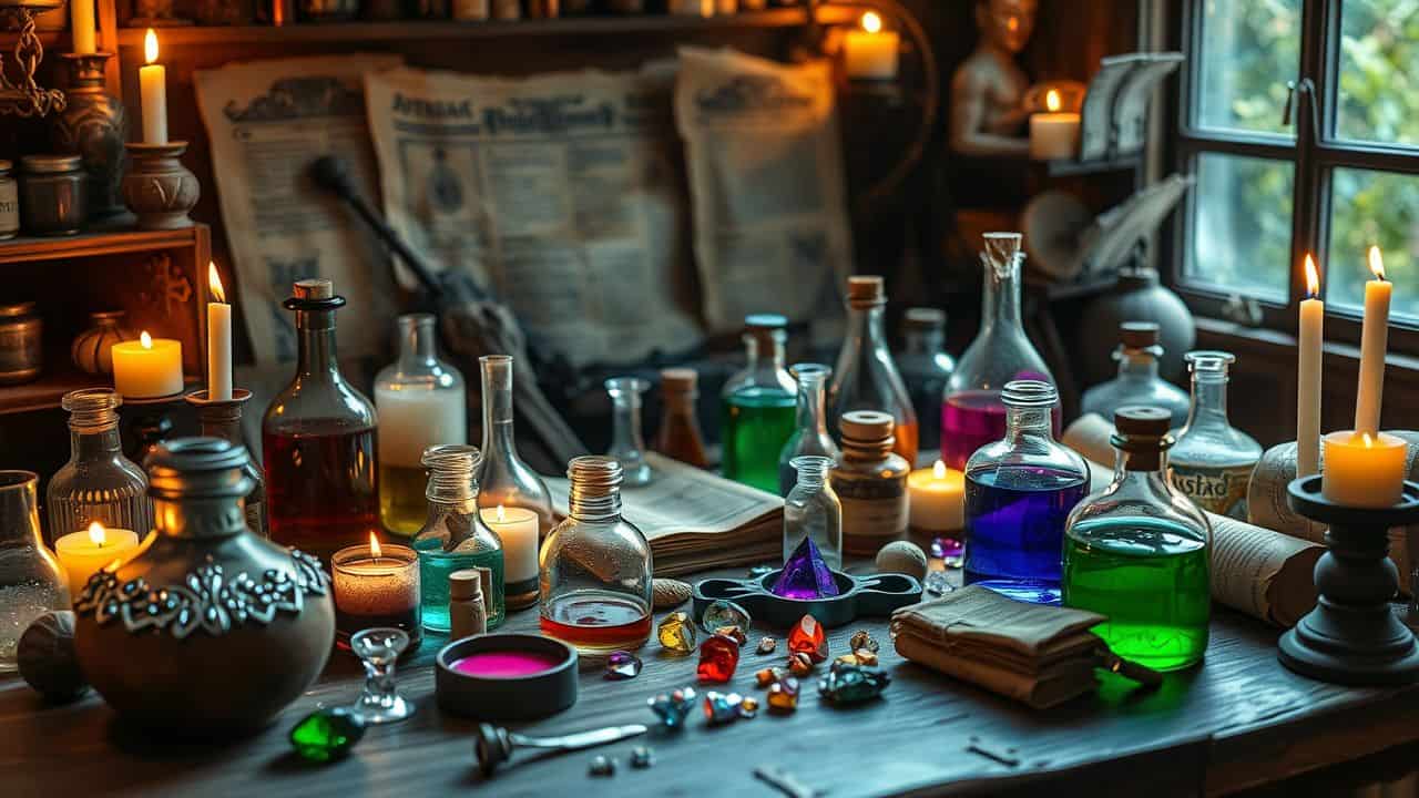 An alchemist's cluttered tabletop with bubbling potions, gemstones, and ancient scrolls. An alchemist's cluttered tabletop with bubbling potions, gemstones, and ancient scrolls.