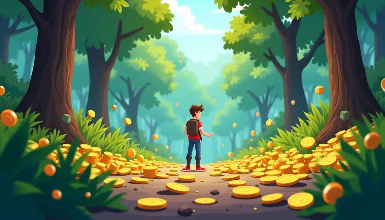 A character levels up in a vibrant forest clearing with defeated monsters. A character levels up in a vibrant forest clearing with defeated monsters.
