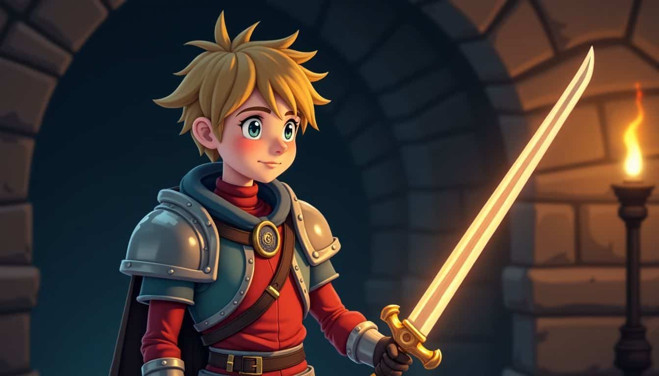 A person examines a rare sword in colorful armor after defeating a boss.