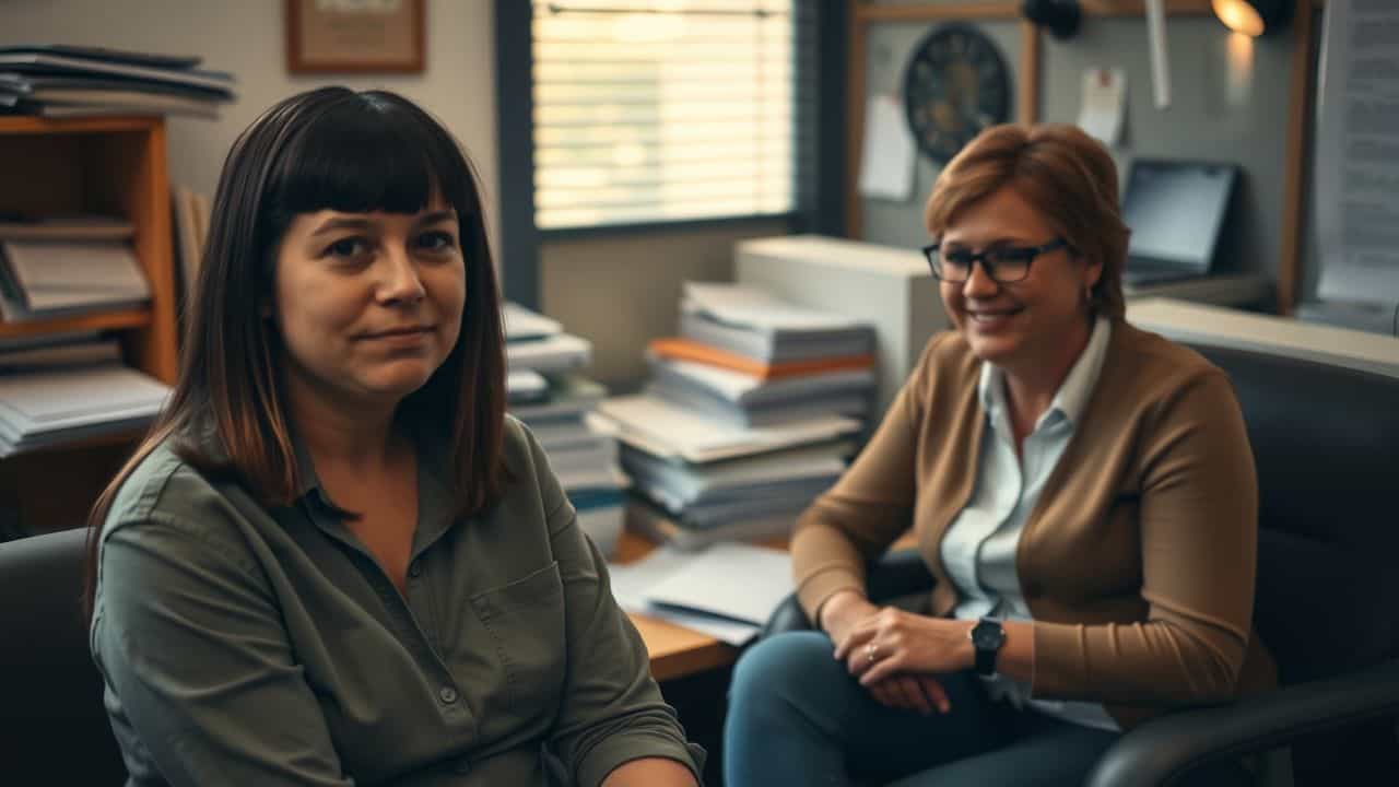 A person meets with a case manager in an office setting.