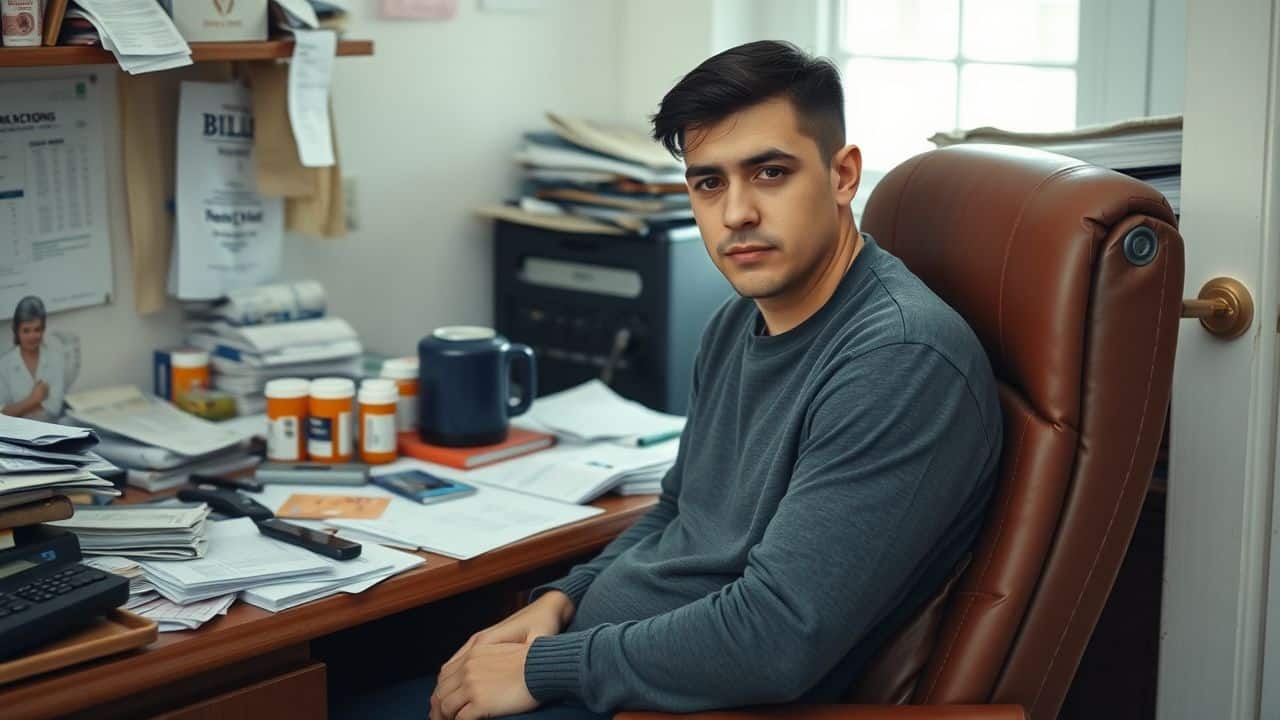 A person sits at a cluttered desk, reflecting on personal goals. A person sits at a cluttered desk, reflecting on personal goals.