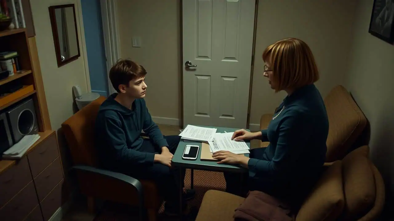 A young adult receives support from a social worker in a modest apartment. A young adult receives support from a social worker in a modest apartment.