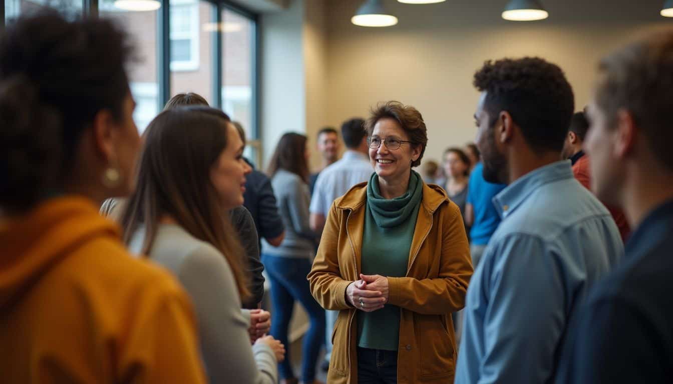 A diverse group of adults gathers in a community center to support each other through homelessness. A diverse group of adults gathers in a community center to support each other through homelessness.